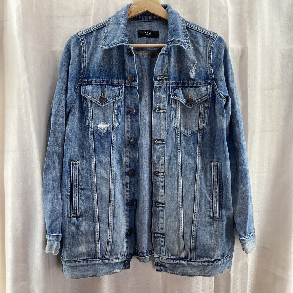 Able Women Blue Original Wash Collared Button Front Distressed Merly Jacket‎ XS